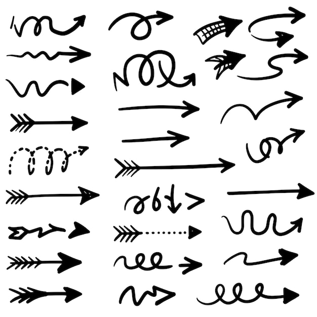 Hand drawn arrow set with curved straight dotted and swirled silhouettes for creative design use