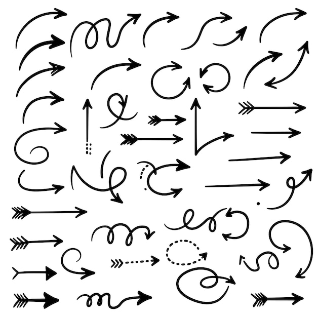 Hand drawn arrow set with curved straight dotted and swirled silhouettes for creative design use
