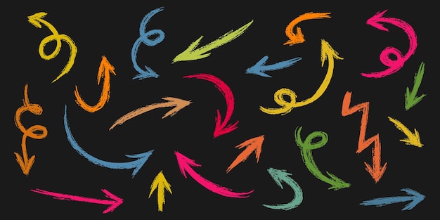 hand drawn Arrows icons Set arrow icon with various directions Doodle design element isolated on a black background