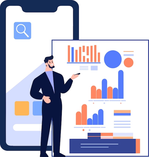 Hand Drawn Businessman with presentation charts in flat style isolated on background