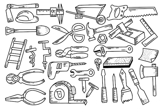 hand drawn carpentry tool illustration collection of saw hammer drill scissors etc