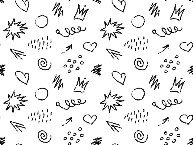 Hand drawn chalk seamless pattern with lines zigzags waves arrows hearts flower dots vector charcoal
