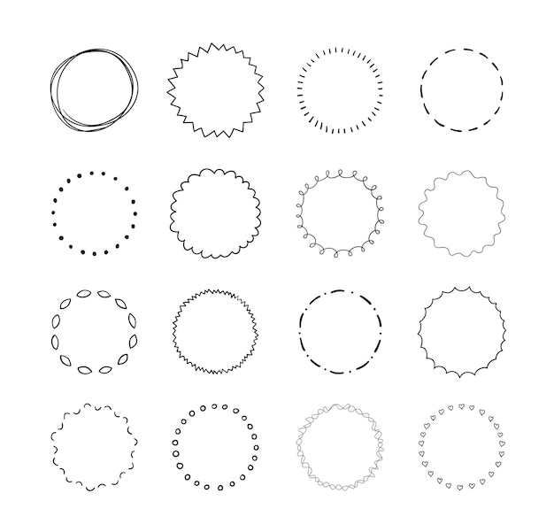 Hand drawn circle line sketch set. Doodle design elements. Different circles badge for frame, burst border. Vector illustration.