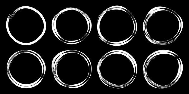 hand drawn circles sketch frame set. rounds scribble line circles. doodle circular white logo design elements isolated on black background.