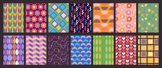 Hand drawn collection of simple funky geometrical patterns with cute elements groovy designs with