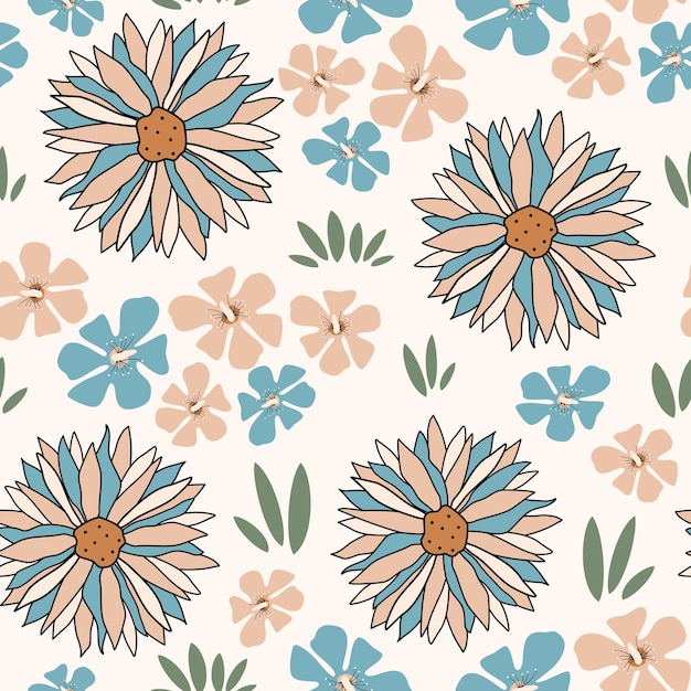 hand drawn cute seamless vector pattern background illustration with colorful pastel flowers
