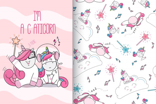 hand drawn cute unicorn  with pattern set-vector