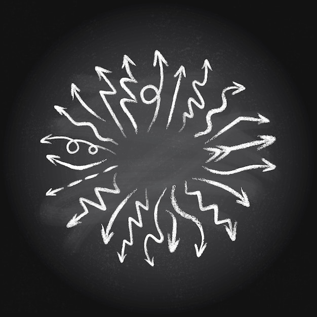 Hand drawn doodle arrows set made of chalk pointing out of the center on a blackboard background.