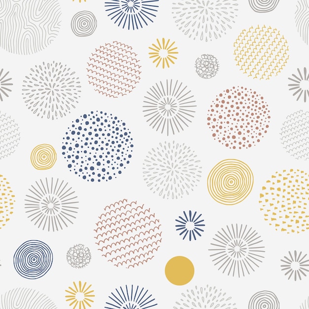 Hand drawn doodle children circle seamless pattern Doodle style abstracrt textured scribble stripped dot circle element pattern Boho color background Vector