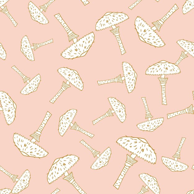 Hand drawn fall seamless pattern with white mushroom shapes. Pastel pink
