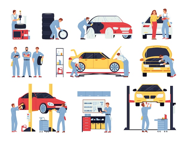 Hand drawn flat mechanic illustration set with employees repairing car