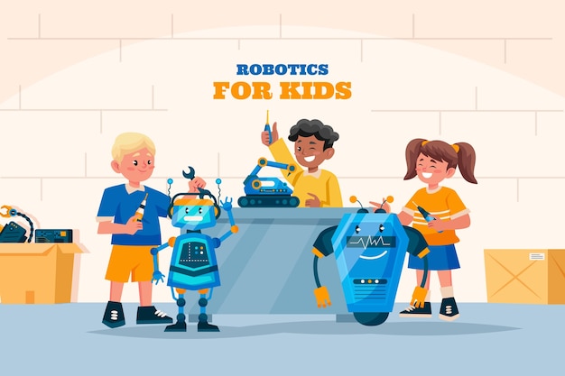 hand drawn flat robotics for kids illustration with text