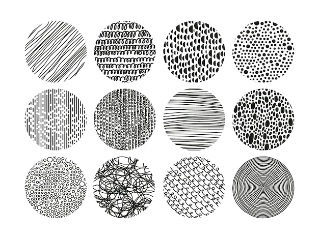 hand drawn hatching dotted and scribble abstract doodle round vector patterns