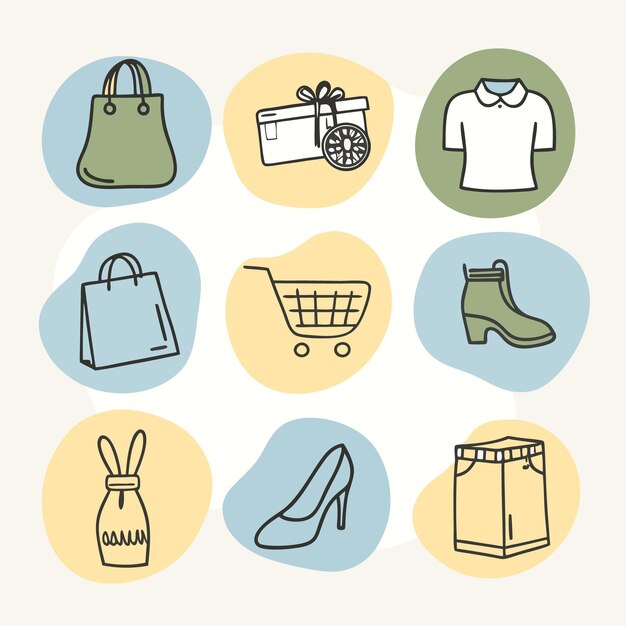 Hand drawn icons of shopping delivery and fashion items