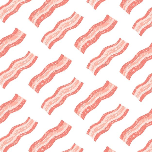 Hand drawn illustration of bacon strips pattern on white background Vector texture Cartoon style