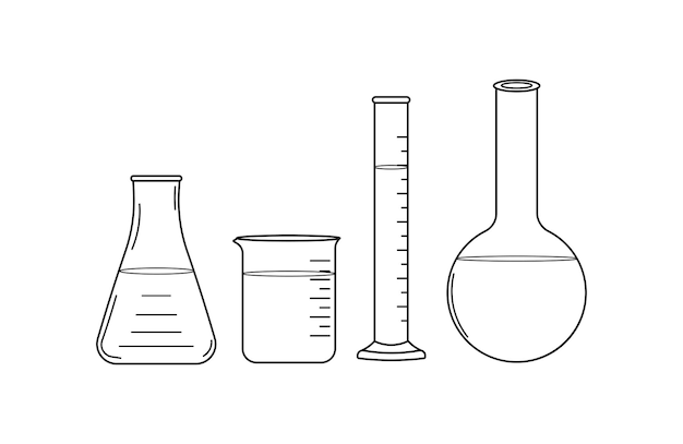 Hand drawn illustration set of medical chemical glass beaker glass erlenmayer flask scientific