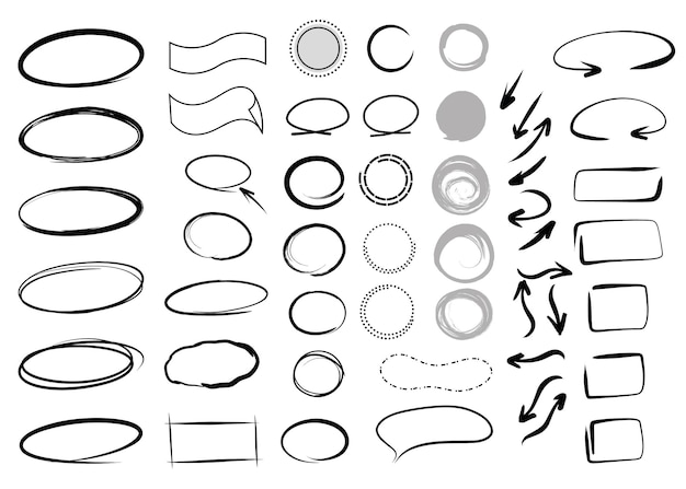 Hand drawn illustration set of speech bubbles and vector arrows set on white background