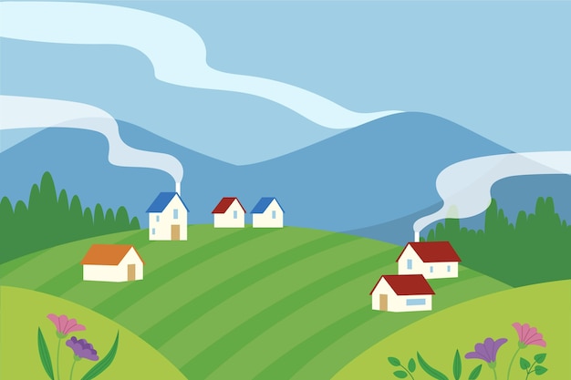 Hand drawn landscape with houses