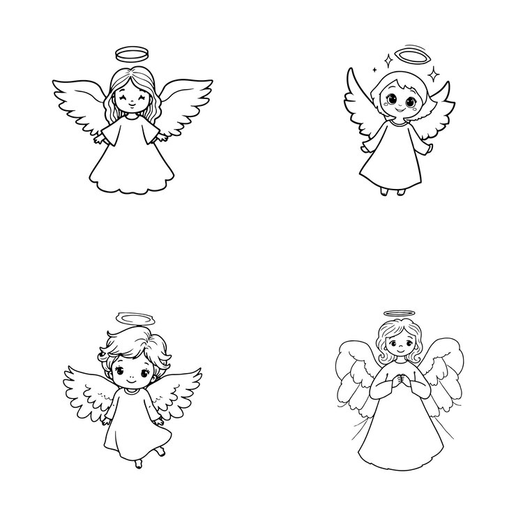Hand drawn line art Christmas angel spread wings vector illustration set collection coloring page