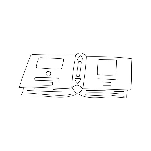 Hand drawn open book lies on the table its pages turned facing downward Unfinished book in doodle style Black and white outline vector illustration isolated on a white background