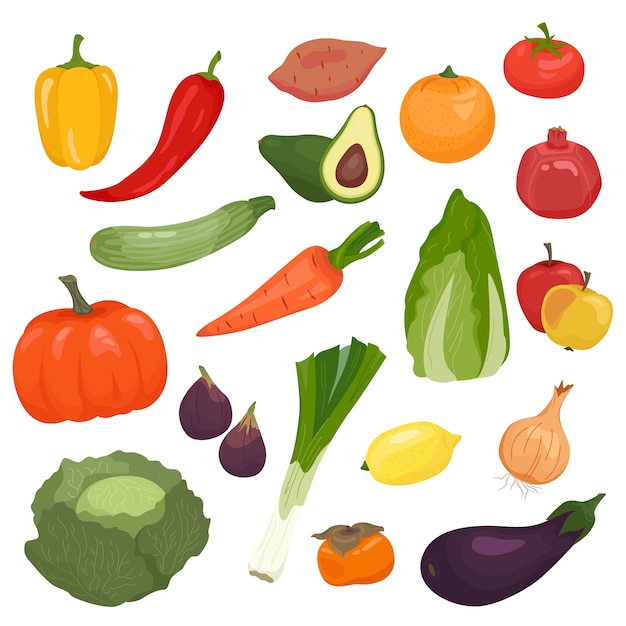 Hand drawn outline fruits and vegetables composition on white background