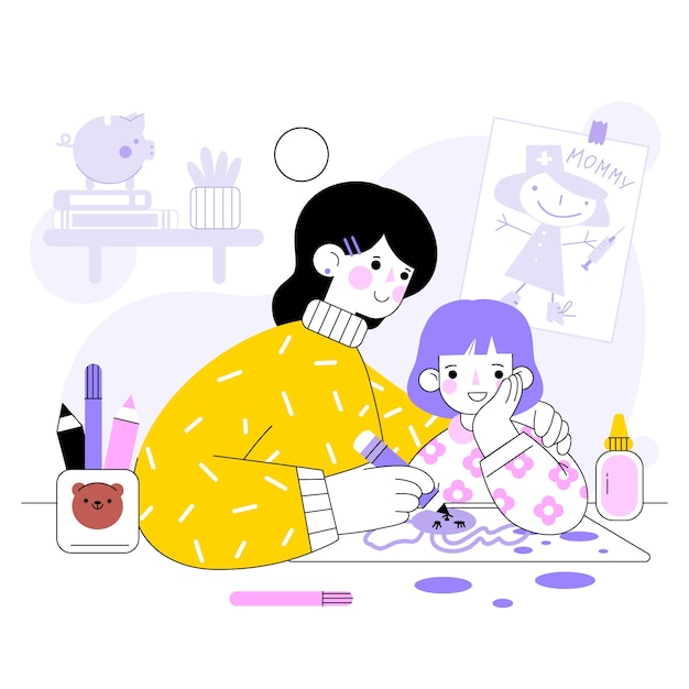 Hand drawn parent helping child learn