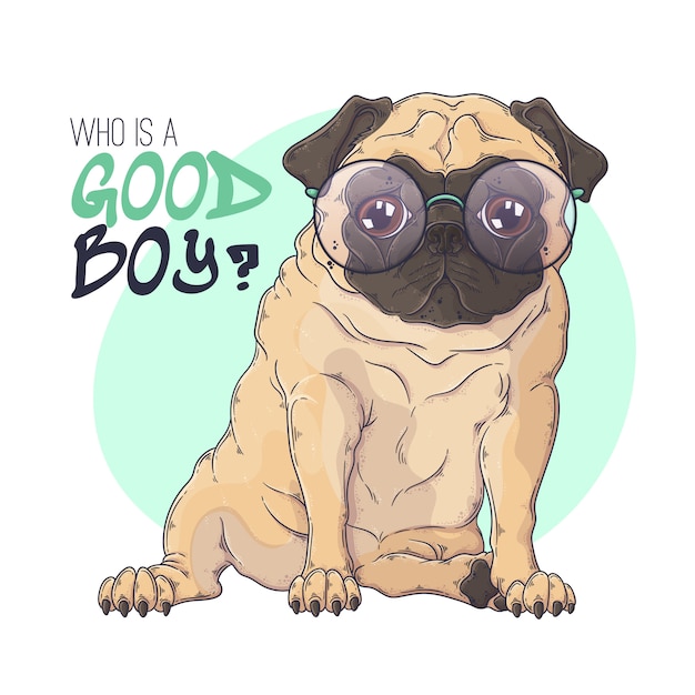 Hand drawn portrait of the pug dog in cute glasses