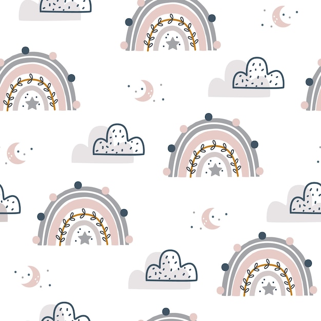 hand drawn rainbow and clouds in boho style seamless pattern with cute rainbow and clouds design f