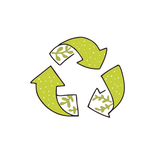 Hand drawn recycling icon, tree green arrows. Eco friendly stamp sketch with leaves. Vector symbol.