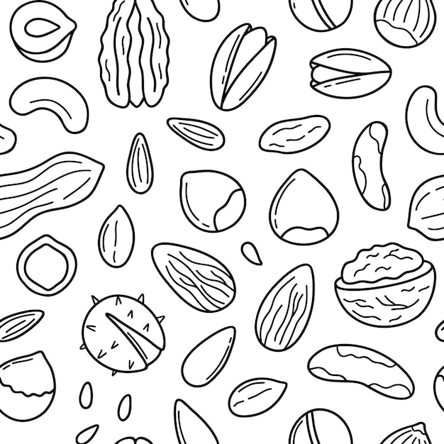 Hand drawn seamless pattern of nuts and seeds doodle Almond hazelnut pistachio macadamia cashew walnut in sketch style