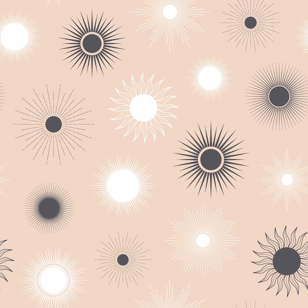 Hand drawn seamless pattern of Sun sunburst starburst light rays bursting sun rays Magic talisman antique style boho Vector illustration for greeting card wallpaper wrapping paper fabric