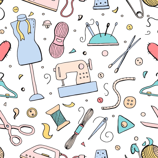 hand drawn seamless pattern with sewing tools and accessories: threads, scissors, needles, metering, button. vector illustration for tailoring, atelier, fashion design. doodle sketch style.