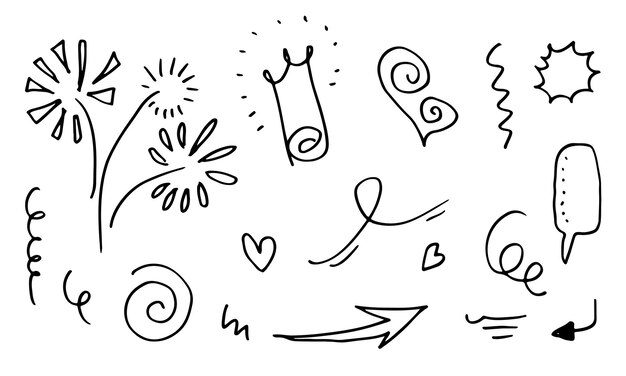 hand drawn set elementblack on white backgroundarrowleavesspeech bubbleheartlightkingemphasisswirlfor concept design