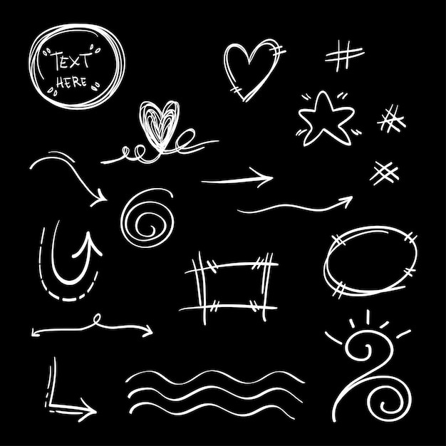 hand drawn set of abstract doodle elements use for concept design isolated on black background vector illustration