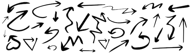 Hand drawn set of arrows Collection black arrow on white background Vector illustration