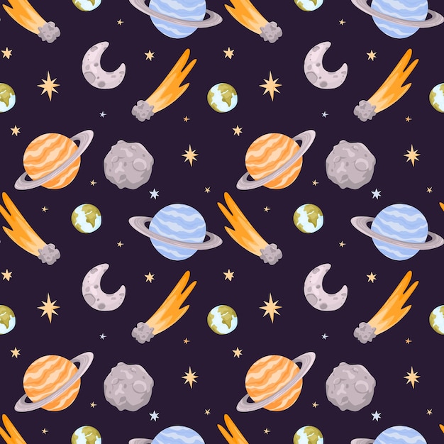Hand drawn space elements seamless pattern Space background Space doodle illustration Vector illustration Seamless pattern with cartoon space rockets planets stars