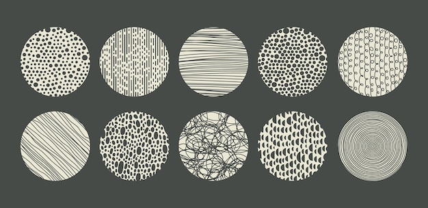 hand drawn spotted dotted scribble and hatching doodle vector round patterns