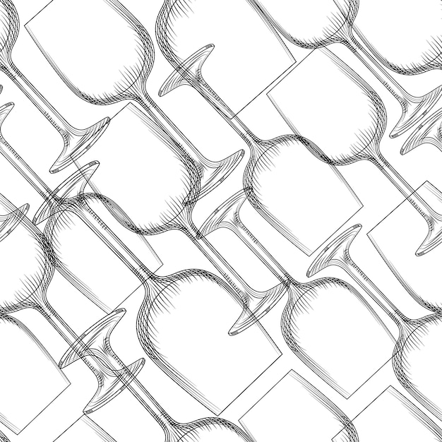 Hand drawn transparent glassware seamless pattern. Empty champagne and wine glass backdrop. Alcoholic beverage glasses design. Vector illustration
