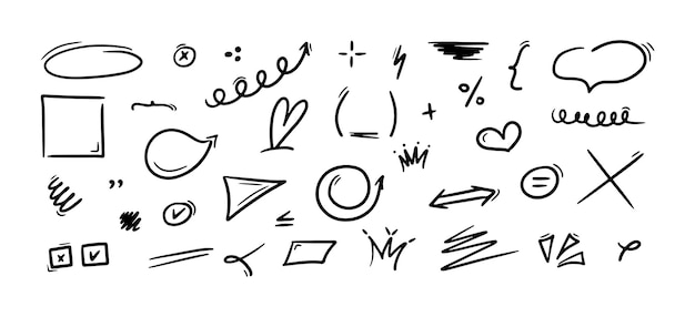 Hand drawn underlines speech bubbles arrows strokes hearts spiral sketch emphasis by pen pencil or