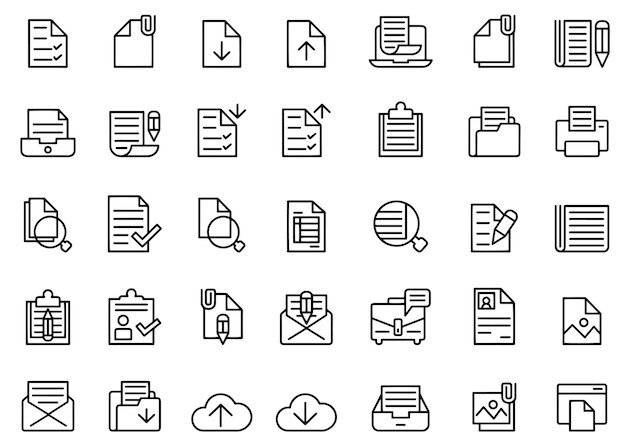 Hand drawn vector drawing Document icon setBlack and White sketch transparent background