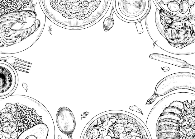 Hand drawn vector food frame with a rectangular border perfect for menus and invitations black and