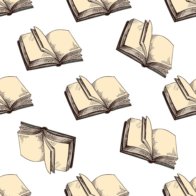 hand drawn vintage seamless pattern of open books with blank pages in engraving style