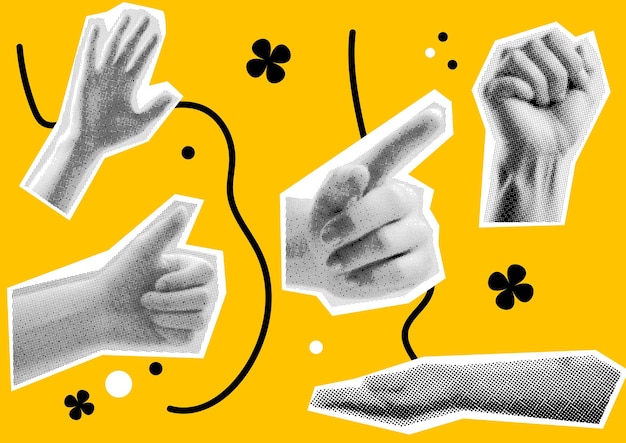 hand fist palm dots punk y2k black and colour collage elements set