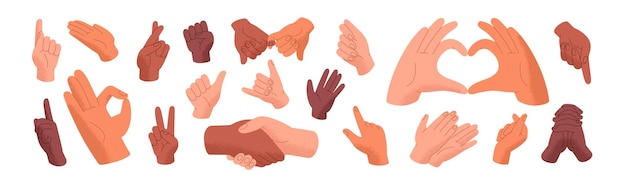 Hand gestures set Expressions with body language pointing finger grip fist handshake touches Different communication signs ok peace love heart Flat isolated vector illustration on white