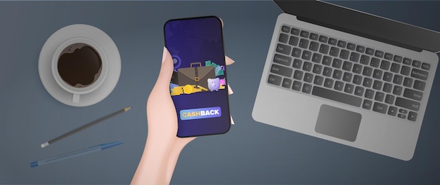 Hand håller telefon med betalningsapplikation. Betalningsknapp. Kreditkort, guldpengar, dollar, laptop, tangentbord, kaffekopp, penna och blyertspenna. Konceptet med onlinebutiker, betalning och cashback. Vektor