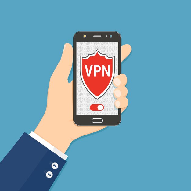 Hand hold smartphone with VPN vitual Private network proxy app on screen