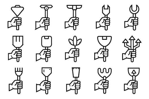 Hand holding a shovel alongside a shovel plain white backdrop related editable stroke outline icon set isolated flat vector illustration white background