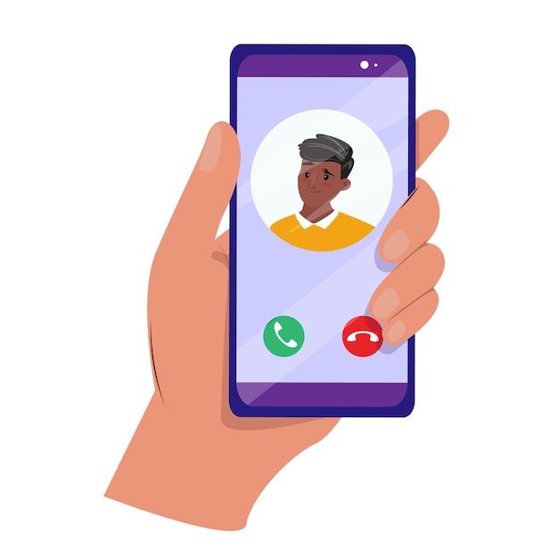 hand holding a smartphone with a video call screen displaying a black young man