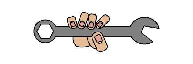 hand holding a wrench isolated on white background in cartoon style