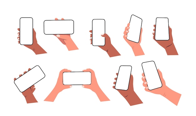 hand holding mobile phone horizontally and vertically with blank screen illustration vector set
